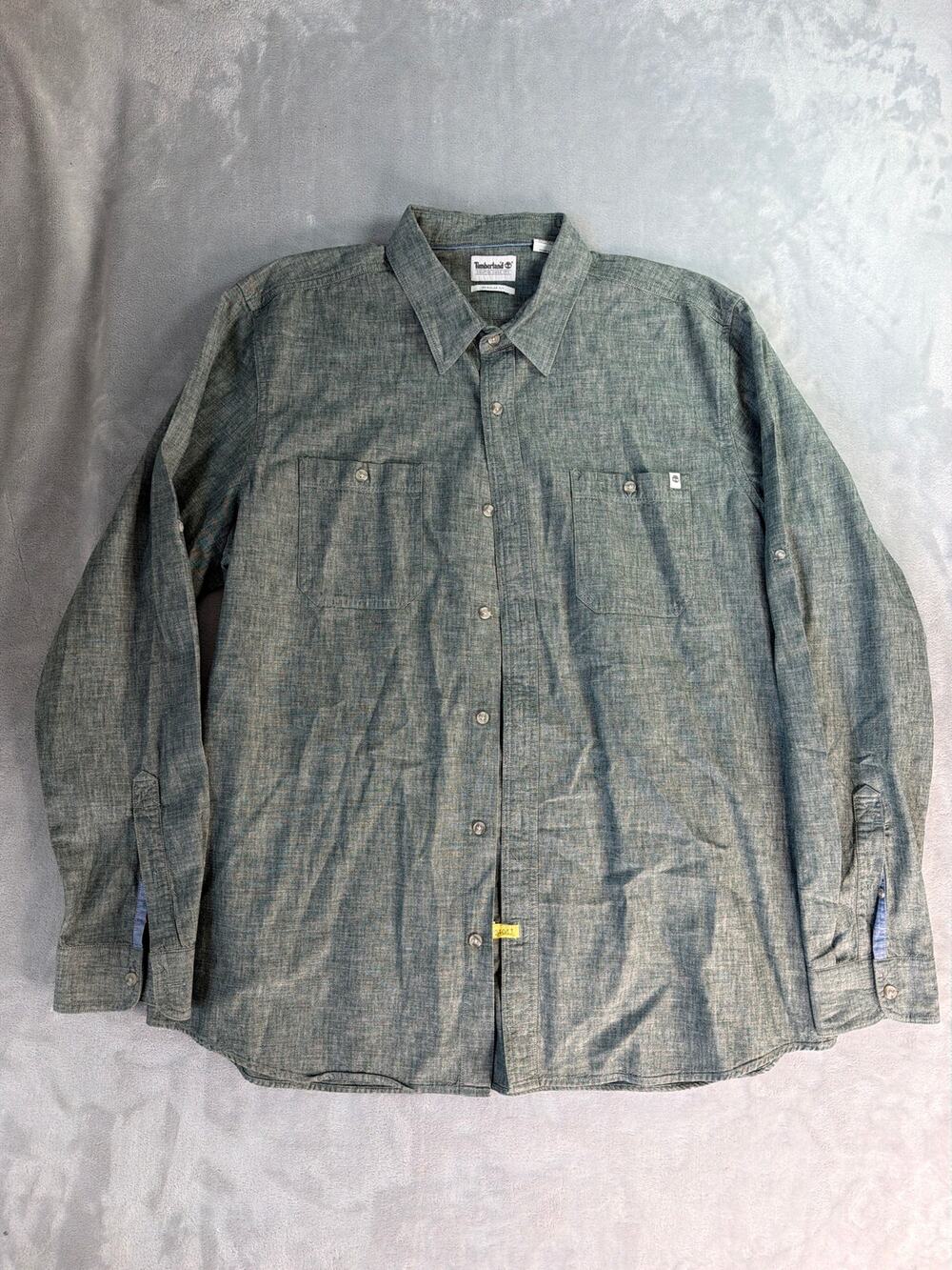 Timberland Mens Roll Tab Shirt XXL Sage Green Slub Cotton Long Sleeve Two Pocket